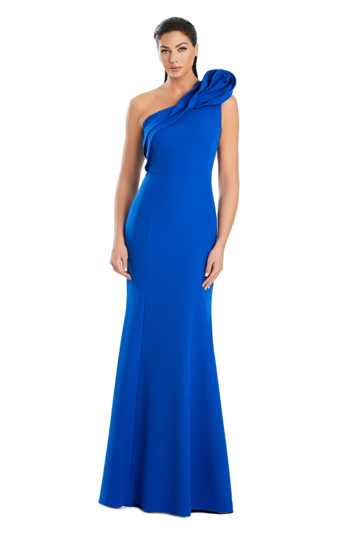 Alexander Daymor pleated one-shoulder mermaid evening gown with dramatic flared hem for formal events