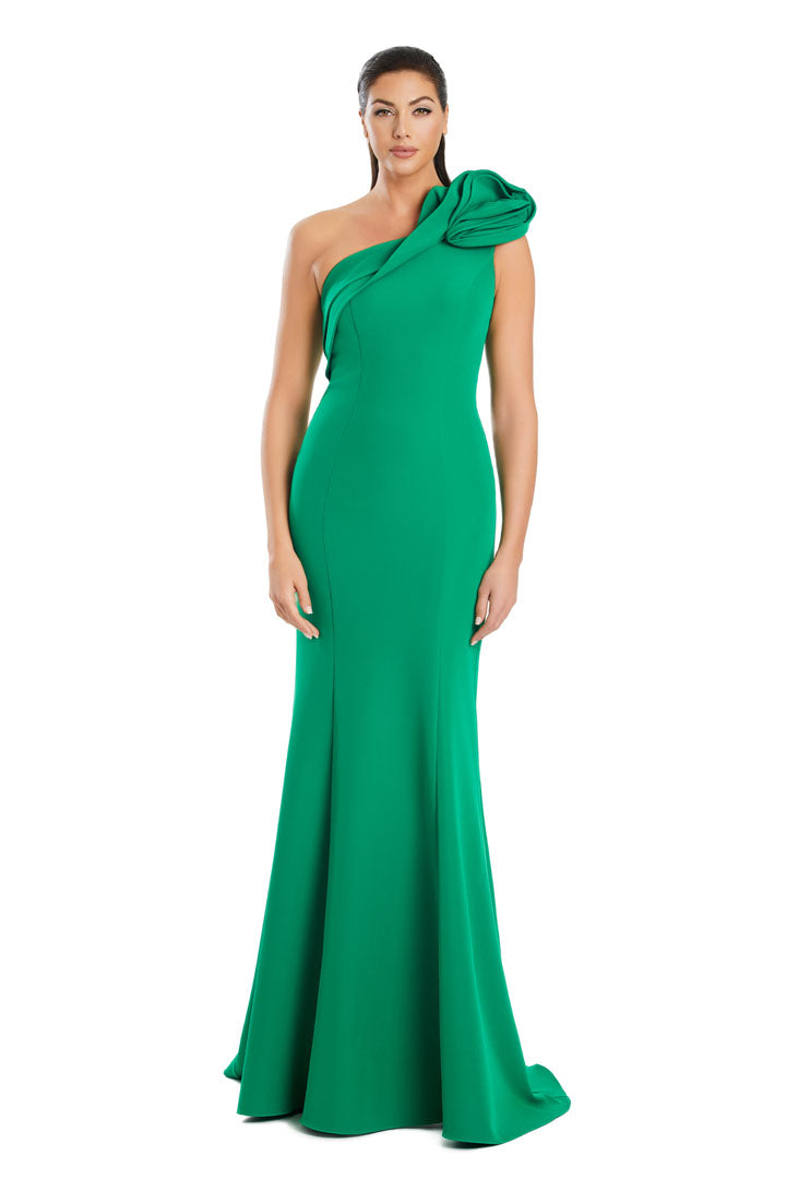 Alexander Daymor pleated one-shoulder mermaid evening dress with dramatic flared hem for formal events