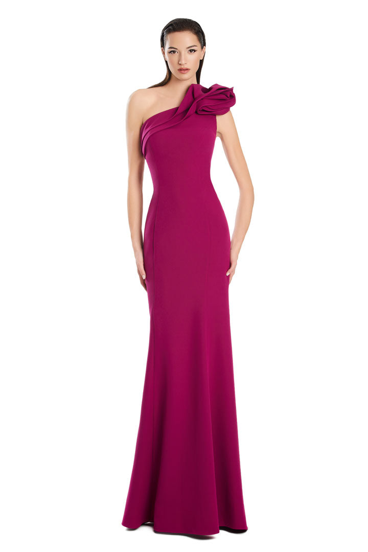 Alexander Daymor pleated one-shoulder mermaid evening gown with dramatic flared hem