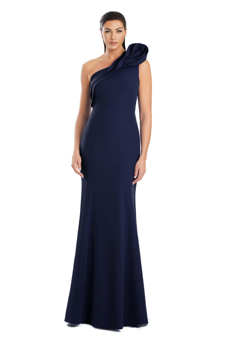 Alexander Daymor pleated one-shoulder mermaid evening gown with dramatic flared hem for formal events