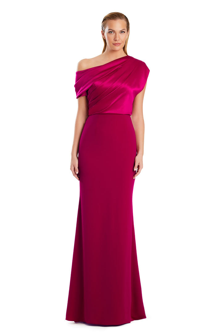 Alexander Daymor pleated one-shoulder mermaid evening gown with off-center neckline for formal occasions