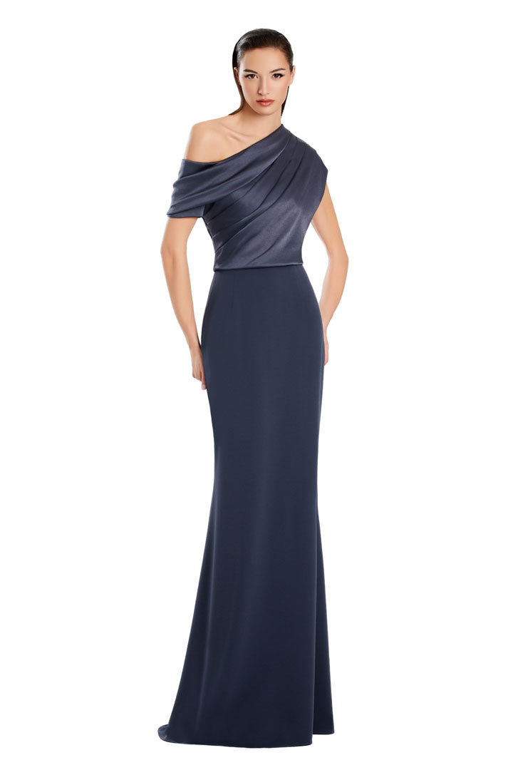 Alexander Daymor pleated one-shoulder mermaid evening gown with off-center neckline for formal occasions