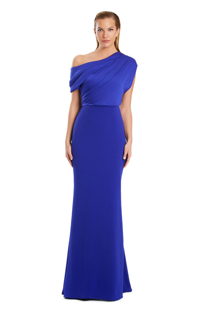 Alexander Daymor pleated one-shoulder mermaid evening gown with off-center neckline for formal occasions
