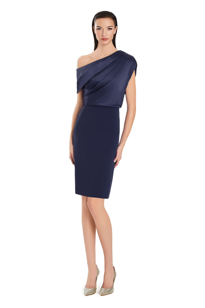 Daymor Alexander pleated one-shoulder cocktail dress, knee-length with back slit, elegant semi-formal style