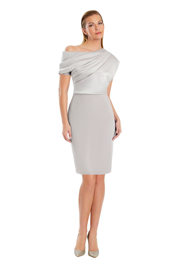 Daymor Alexander pleated one-shoulder knee-length cocktail dress with back slit in elegant silhouette
