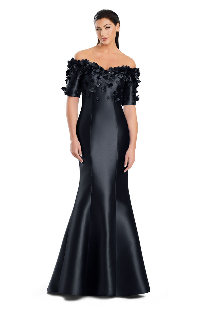 Alexander by Daymor long mermaid evening gown off-shoulder neckline with floral appliqué formal dress