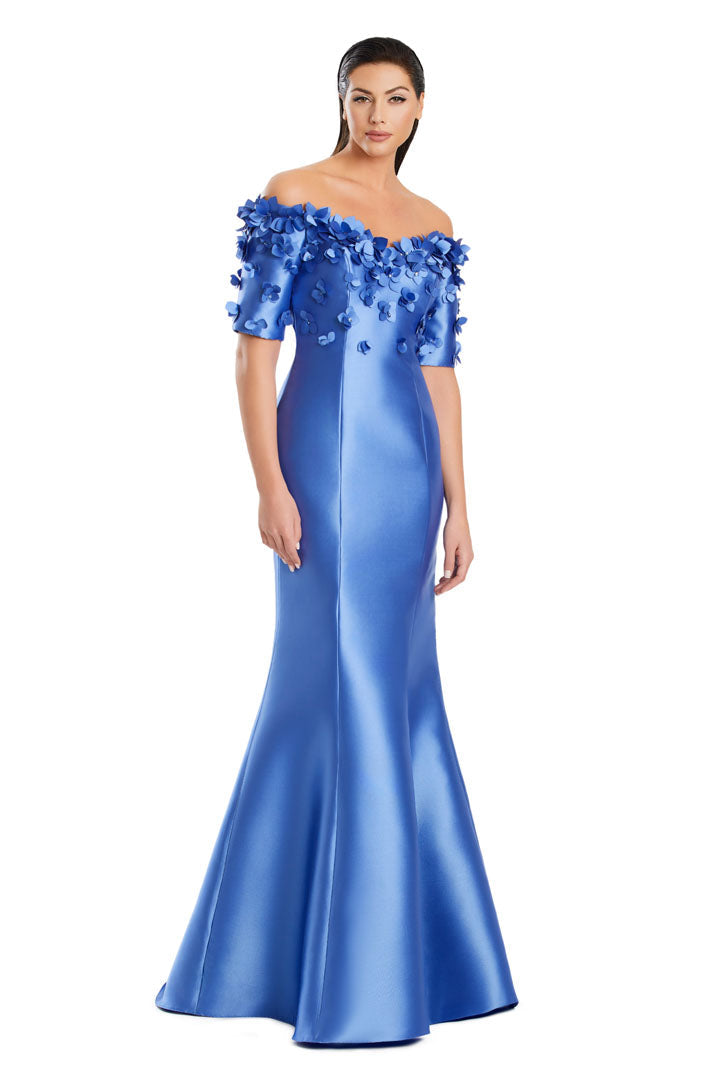 Alexander by Daymor long mermaid evening gown off-shoulder neckline with floral appliqué formal dress