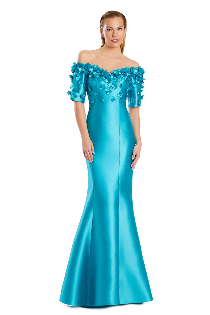 Alexander Daymor off-shoulder mermaid evening gown with floral applique, curve-hugging silhouette for formal events