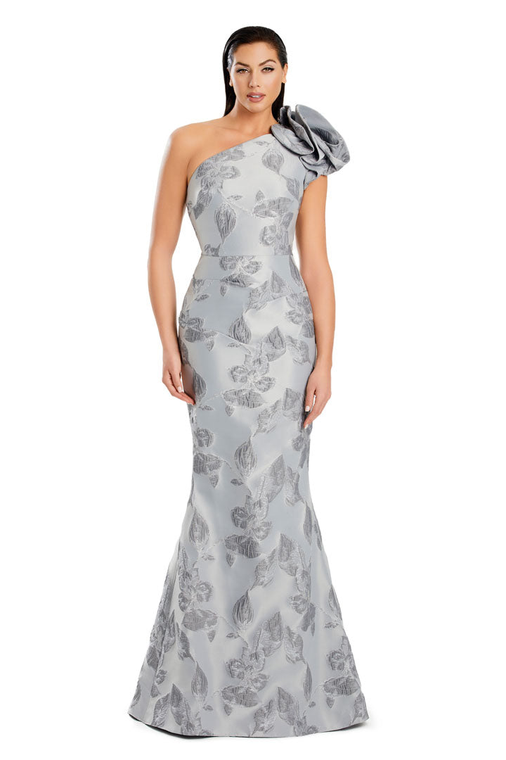 Alexander Daymor long mermaid evening gown one-shoulder printed formal dress with dramatic silhouette