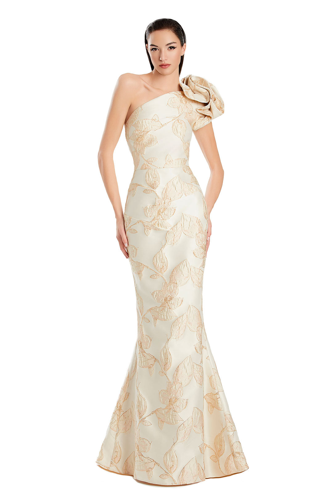 Alexander by Daymor long mermaid evening gown one-shoulder printed formal dress with dramatic silhouette