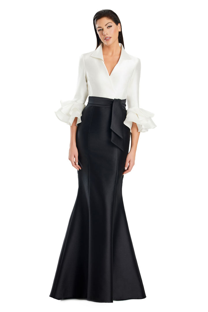 Alexander by Daymor long mermaid formal dress with ruffle detailing, three-quarter sleeves, and V-neck