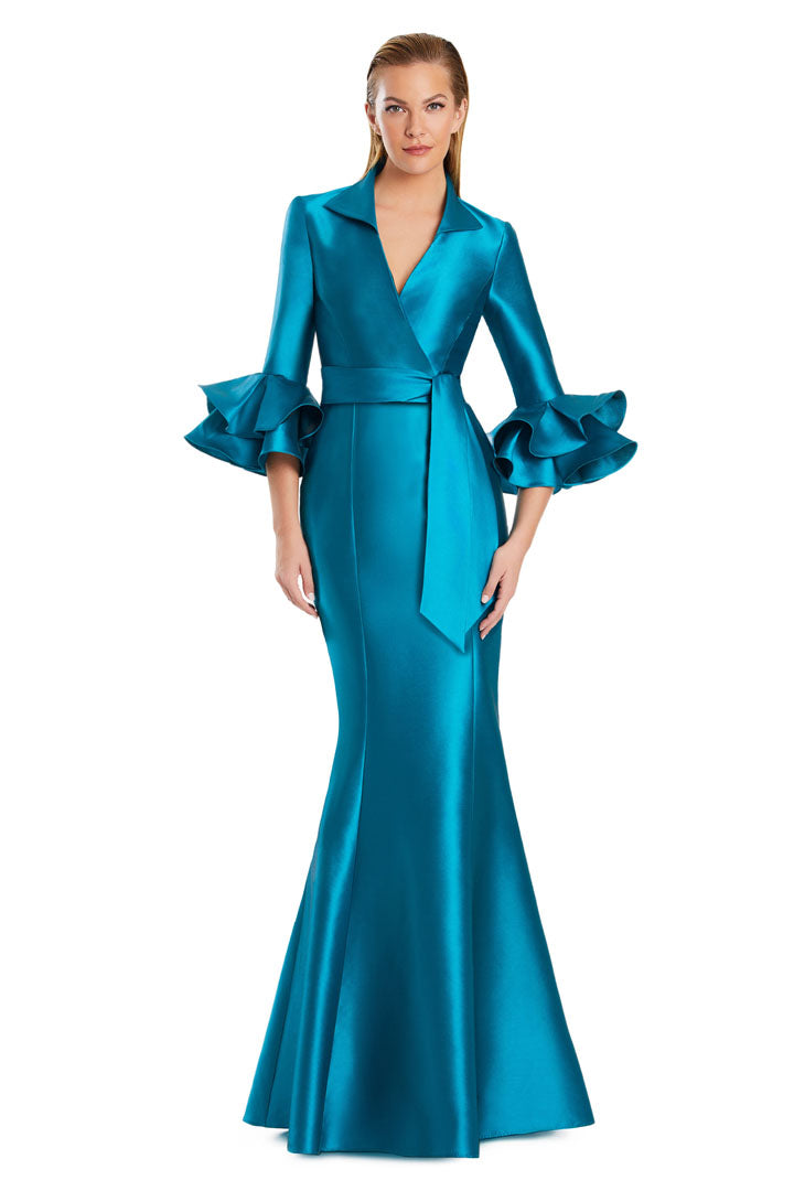 Elegant navy mermaid evening gown V-neck long formal dress with dramatic ruffle detail by Daymor