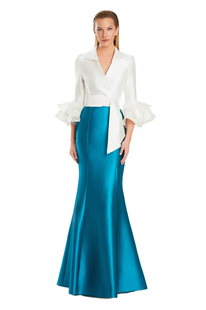 Midnight mermaid evening gown V-neck elegant silhouette with dramatic ruffle detail by Daymor