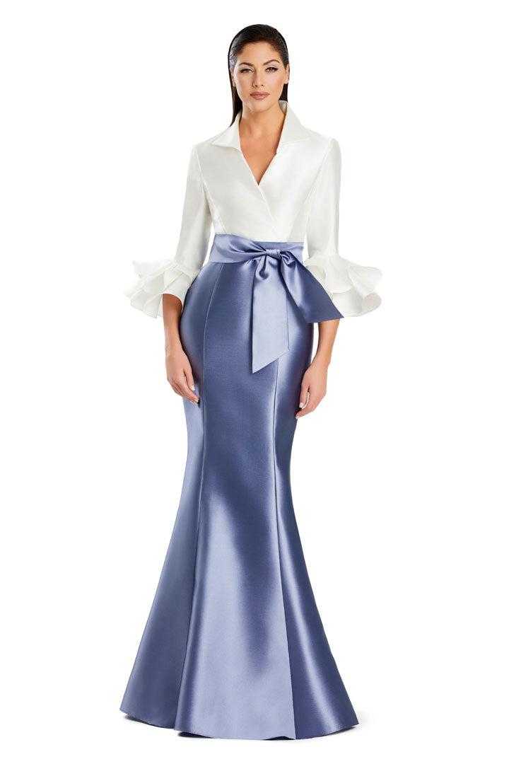 Long mermaid evening gown V-neck silhouette with cascading ruffles by Alexander Daymor formal wear