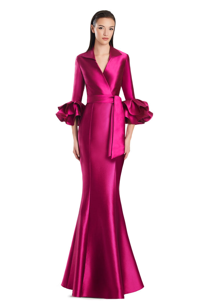 Alexander by Daymor long mermaid formal dress with ruffle detailing, three-quarter sleeves, and V-neck