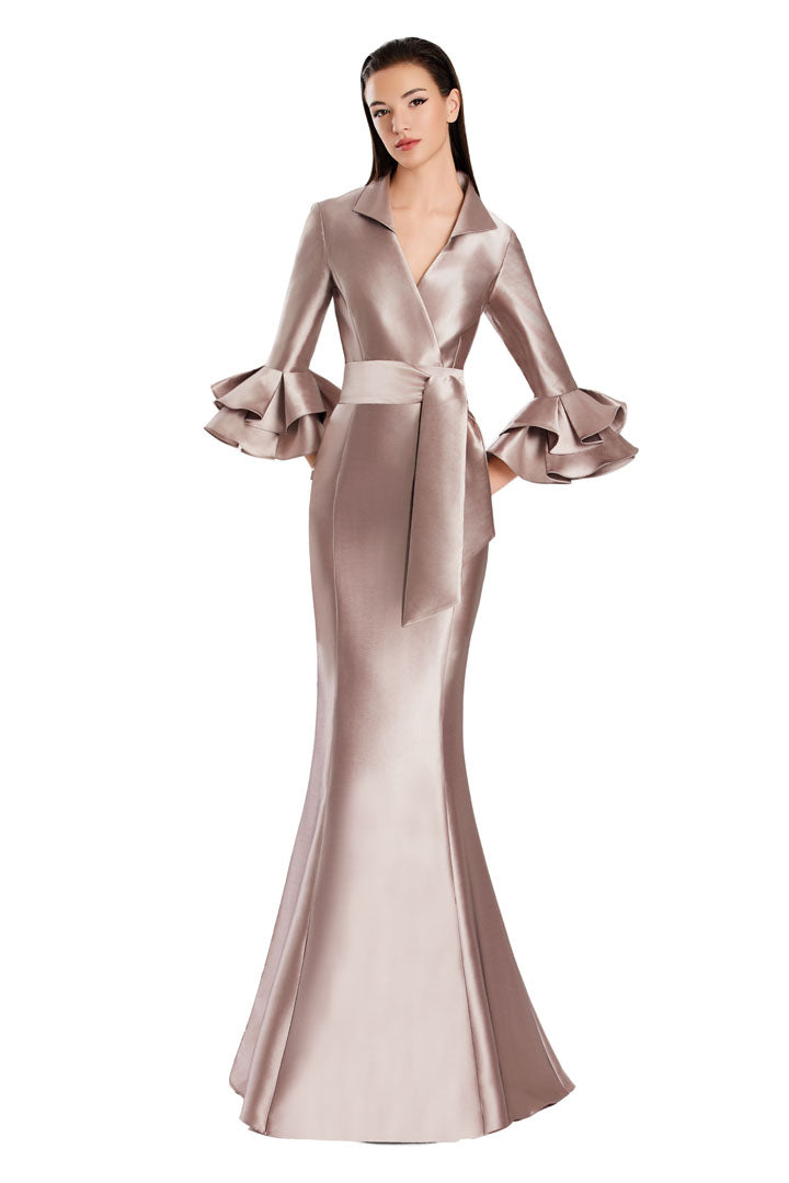 Alexander by Daymor long mermaid formal dress with ruffle detailing, three-quarter sleeves, and V-neckline