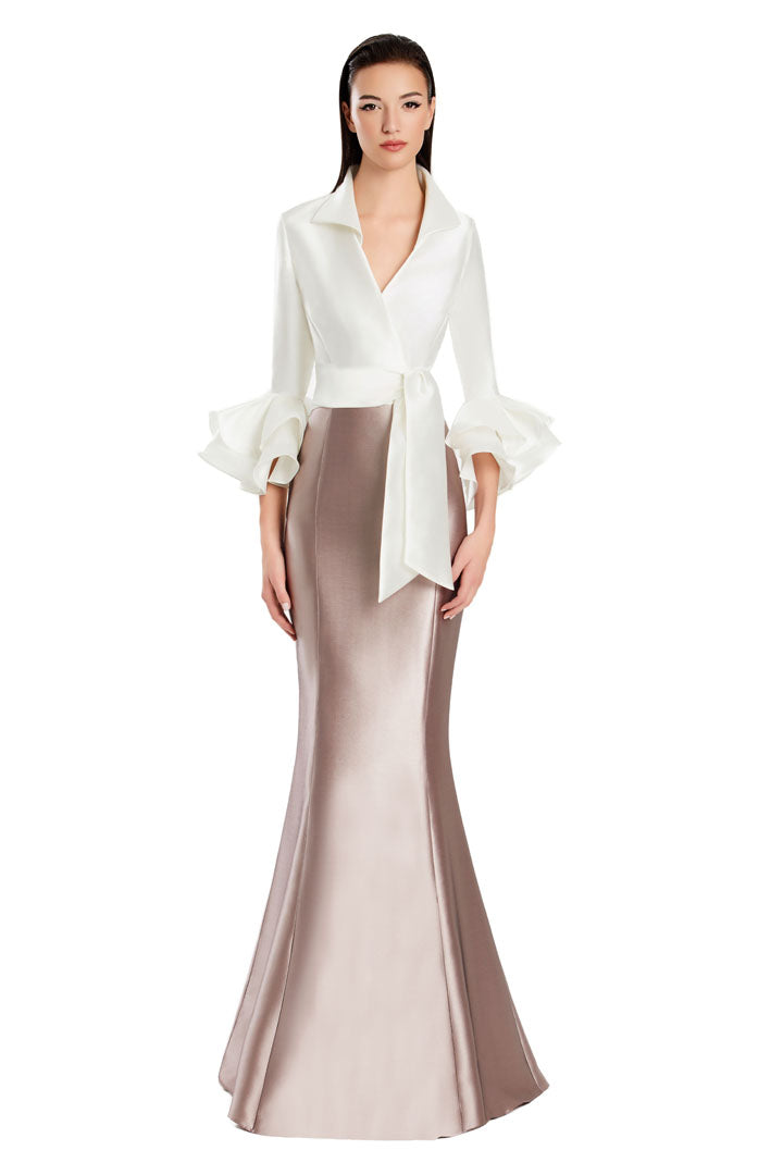 Alexander by Daymor long mermaid formal dress with ruffle detailing, three-quarter sleeves, and V-neck