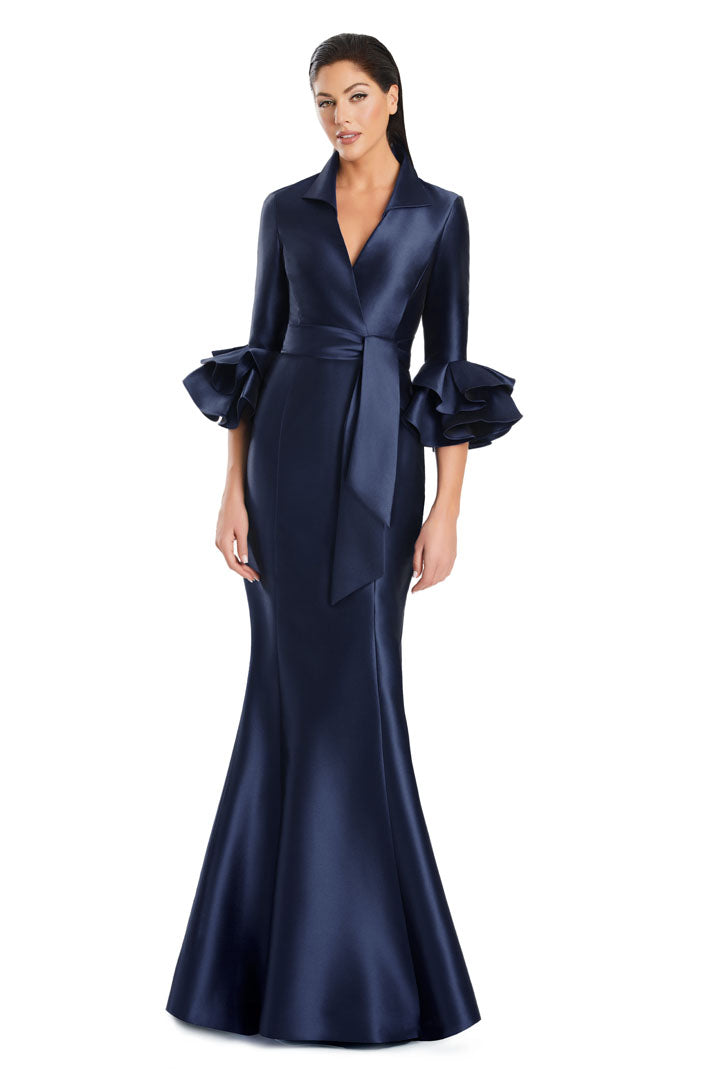 Alexander by Daymor long mermaid formal dress with ruffle detailing, three-quarter sleeves, and V-neckline