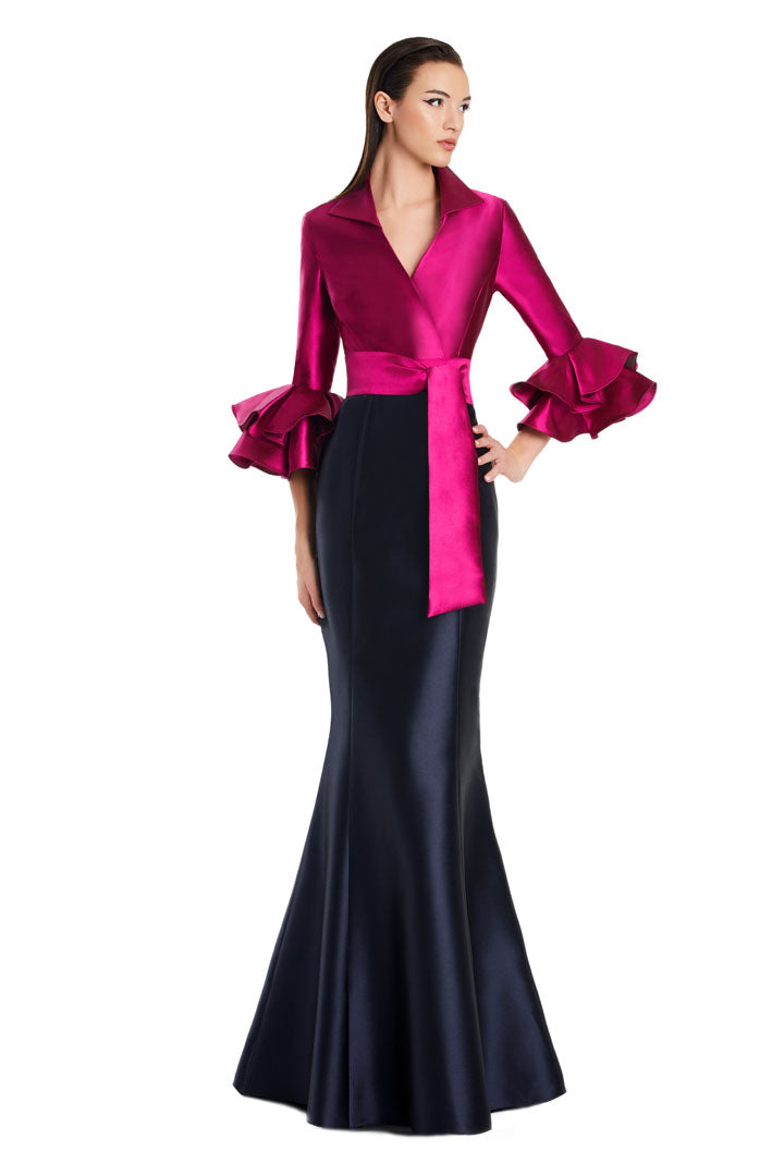 Elegant mermaid evening gown with deep V-neck, ruffled hem, formal long dress by Alexander Daymor