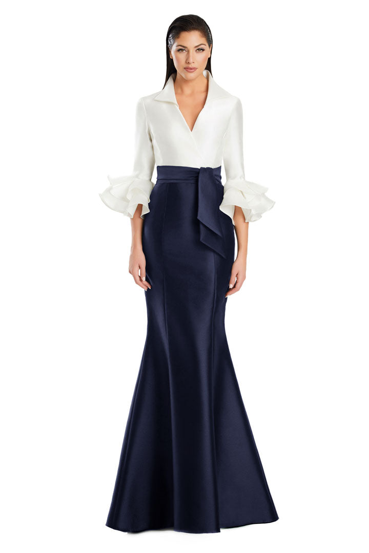 Elegant mermaid evening gown V-neck long formal dress with dramatic ruffles by Alexander Daymor