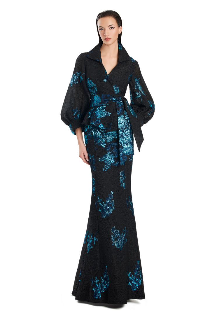 Alexander by Daymor long mermaid formal dress with printed coordinating jacket, elegant flared hem