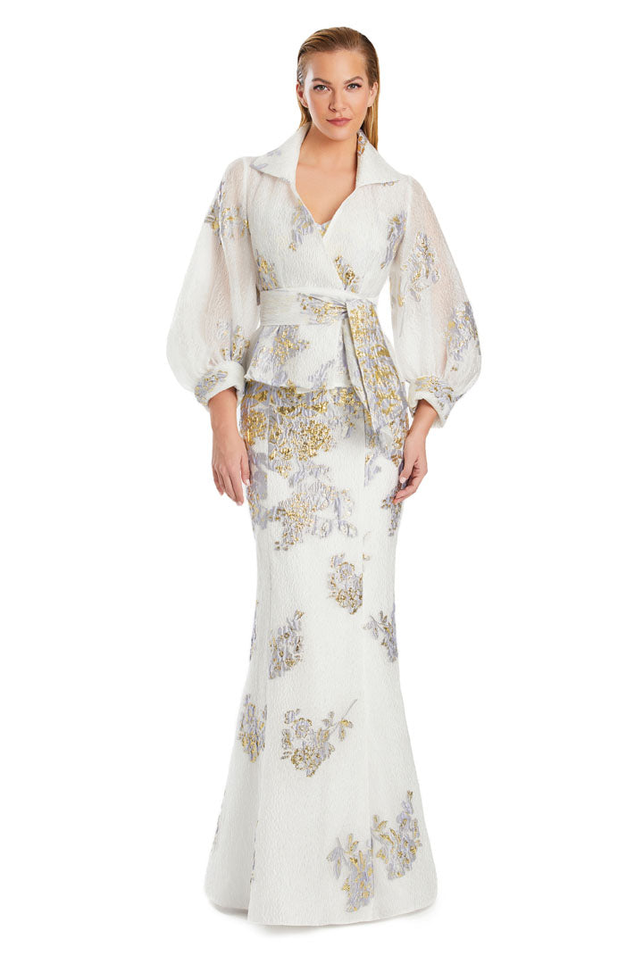 Alexander by Daymor long mermaid formal dress with coordinating printed jacket, elegant flared hem