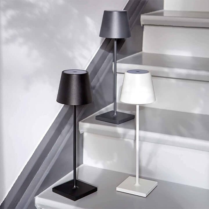 Minimalist waterproof LED table lamp warm ambient light Alexa-compatible wireless rechargeable modern design