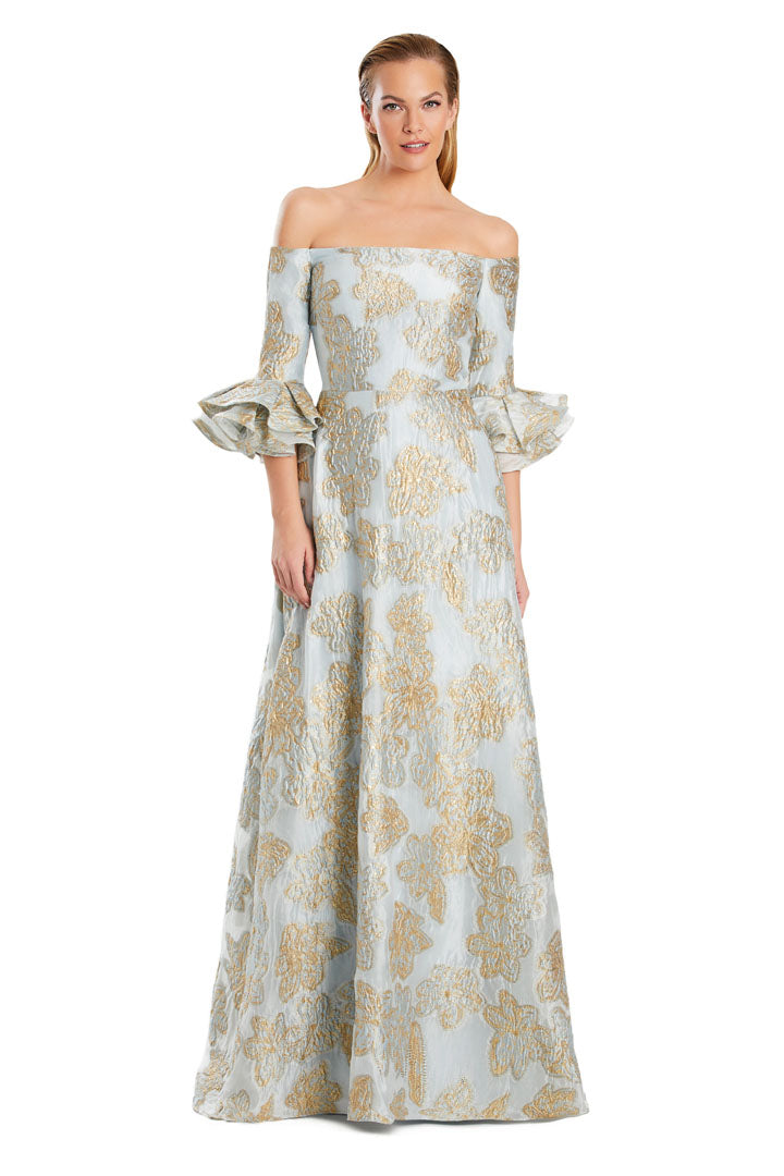 Alexander Daymor jacquard long formal evening gown off-shoulder neckline with hidden pockets elegant women