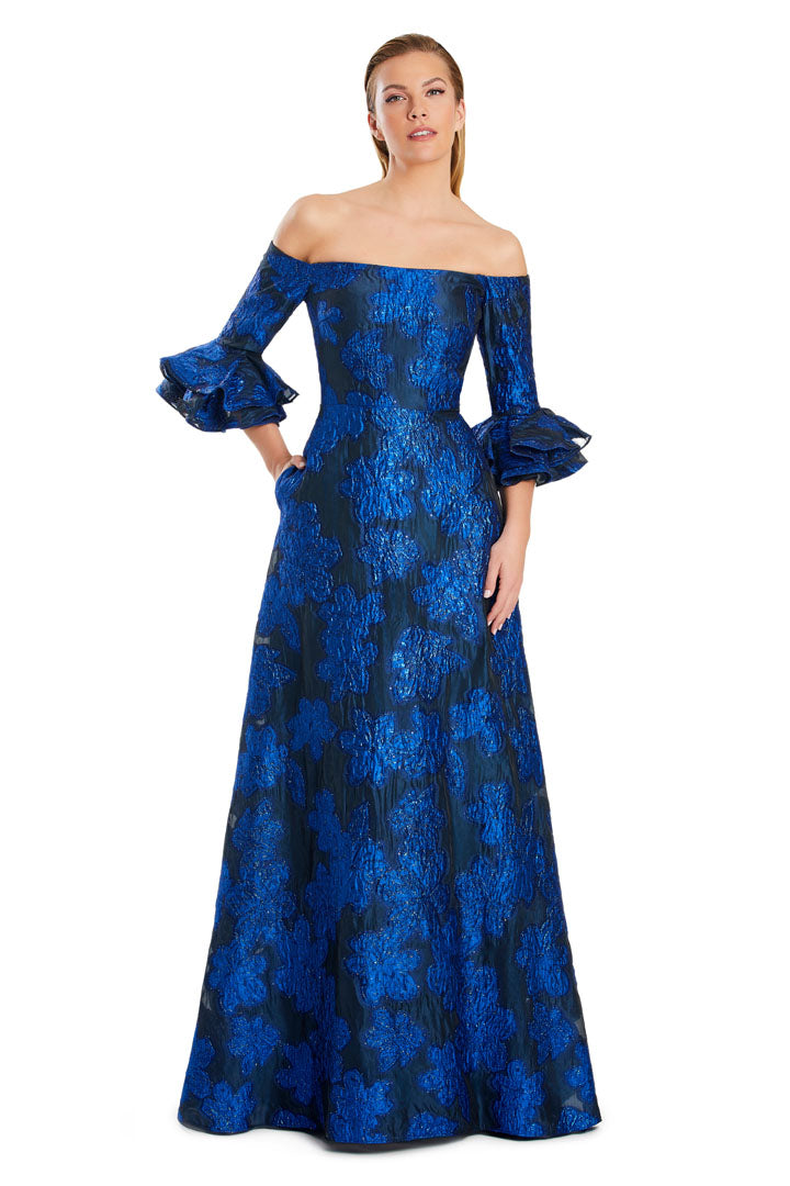 Alexander by Daymor jacquard long formal evening gown off-shoulder neckline with hidden pockets