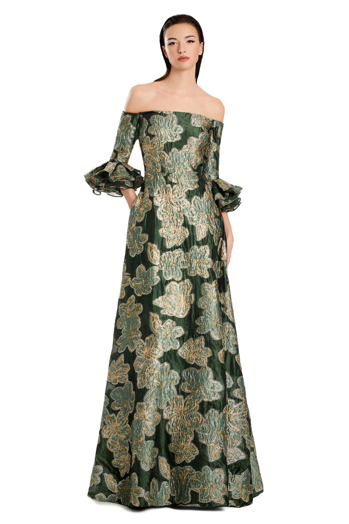 Alexander by Daymor jacquard long evening gown, off-shoulder formal dress with hidden pockets