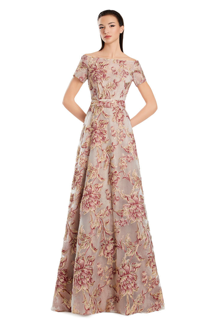 Alexander by Daymor long A-line evening gown, off-shoulder neckline, elegant formal dress with hidden pockets