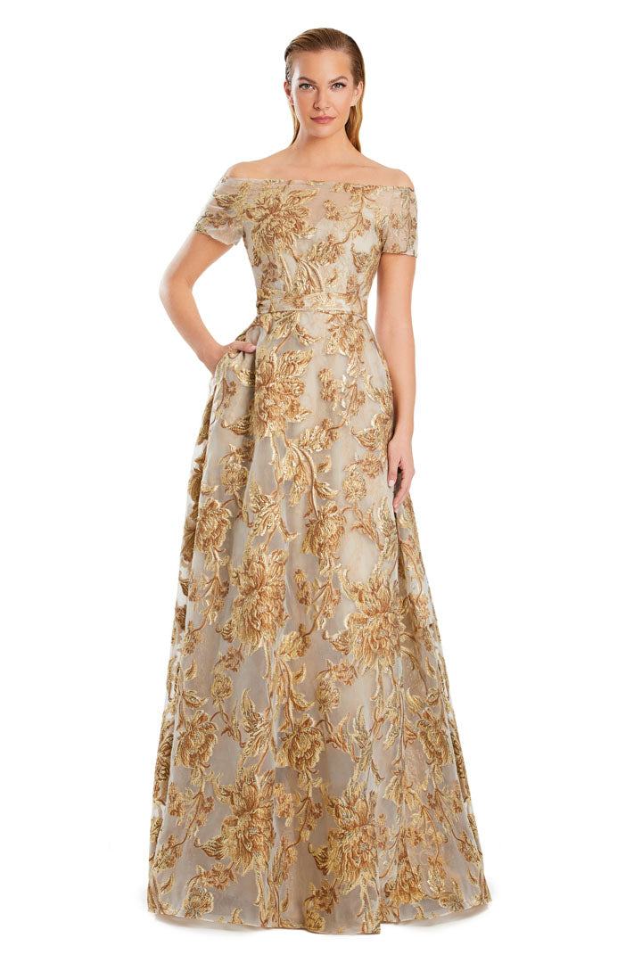 Alexander Daymor long A-line evening gown off-shoulder neckline elegant formal dress with hidden pockets