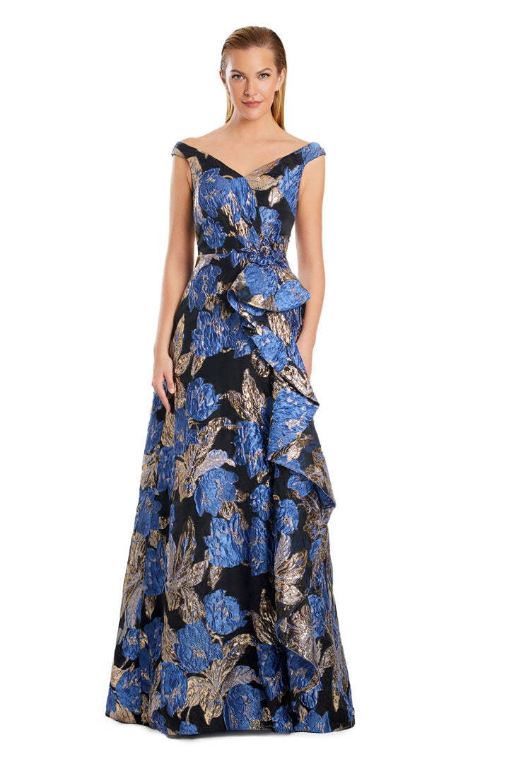 Alexander Daymor long evening gown printed jacquard off-shoulder V-neck full-length formal dress