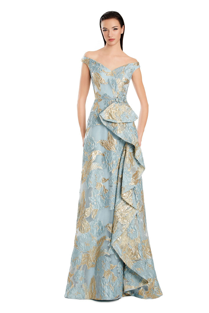 Alexander Daymor long evening gown printed jacquard off-shoulder V-neck full-length formal dress