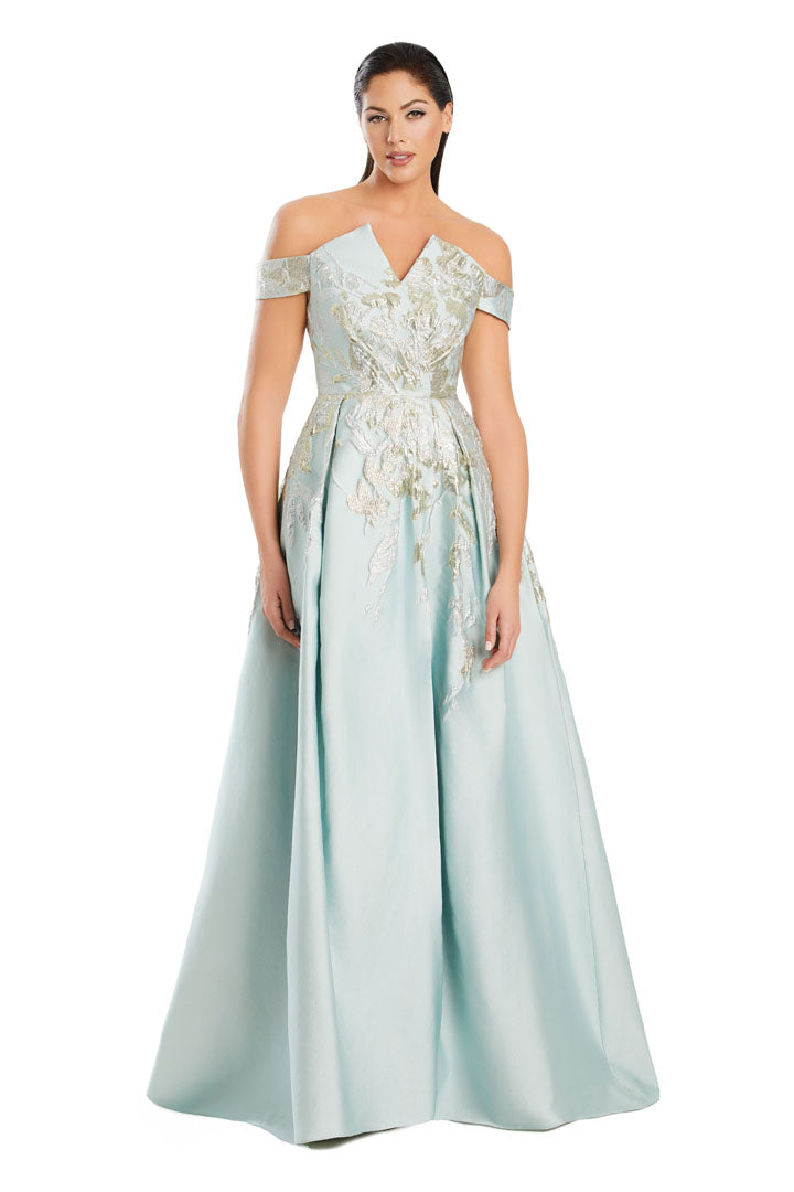 Elegant off-shoulder A-line evening gown with subtle slit, pockets, and timeless formal silhouette