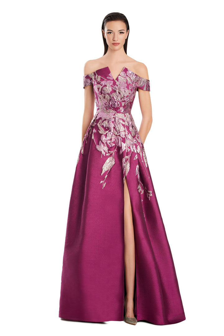 Alexander Daymor off-shoulder A-line evening gown with hidden pockets and subtle slit