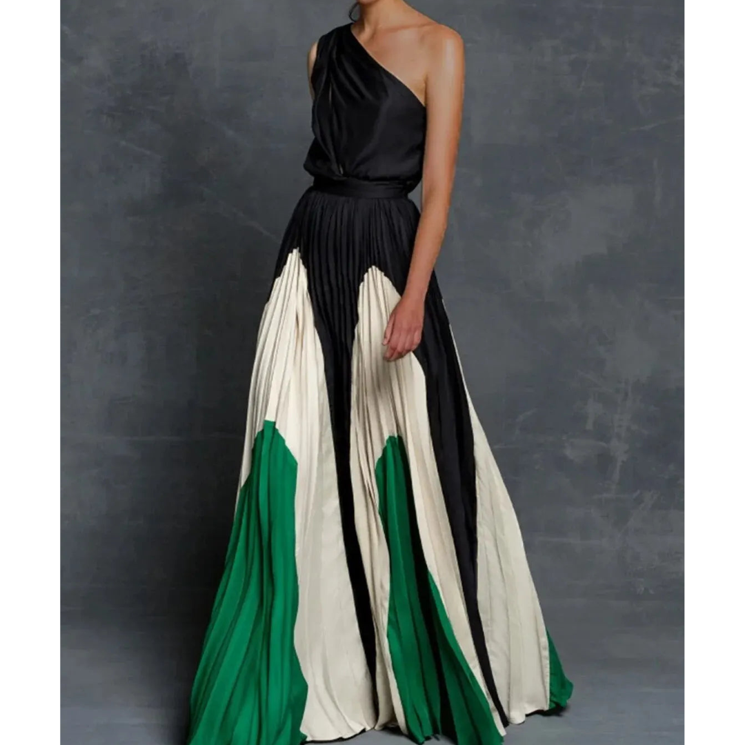 Bella women's one-shoulder long gala dress with vibrant multicolor pleated color-block design