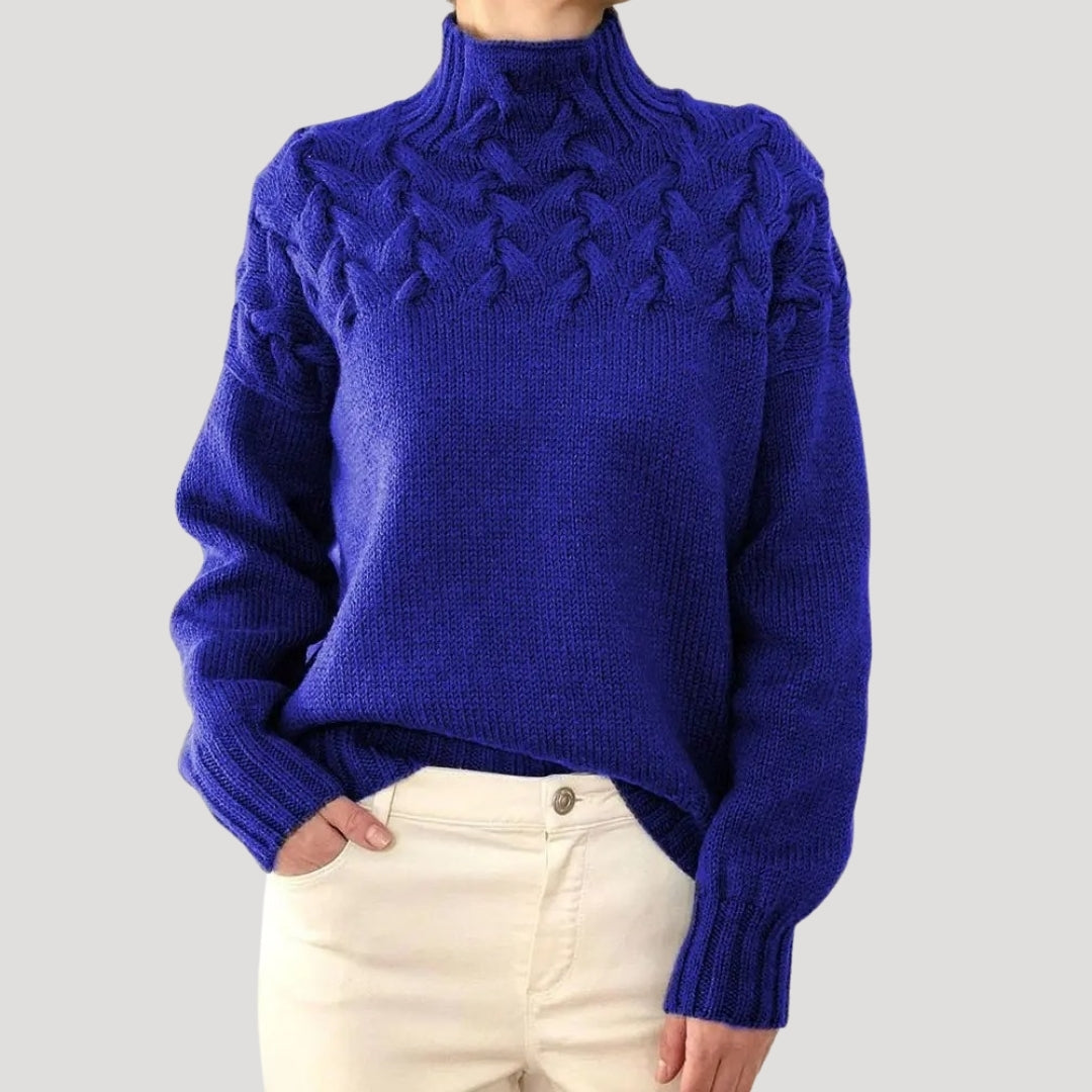 Women's cream cable knit high-neck sweater with textured pattern, cozy classic spring top