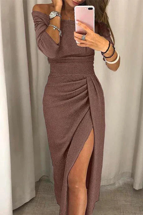 Shiny off-shoulder evening dress with high slit, form-fitting glamorous silhouette for women