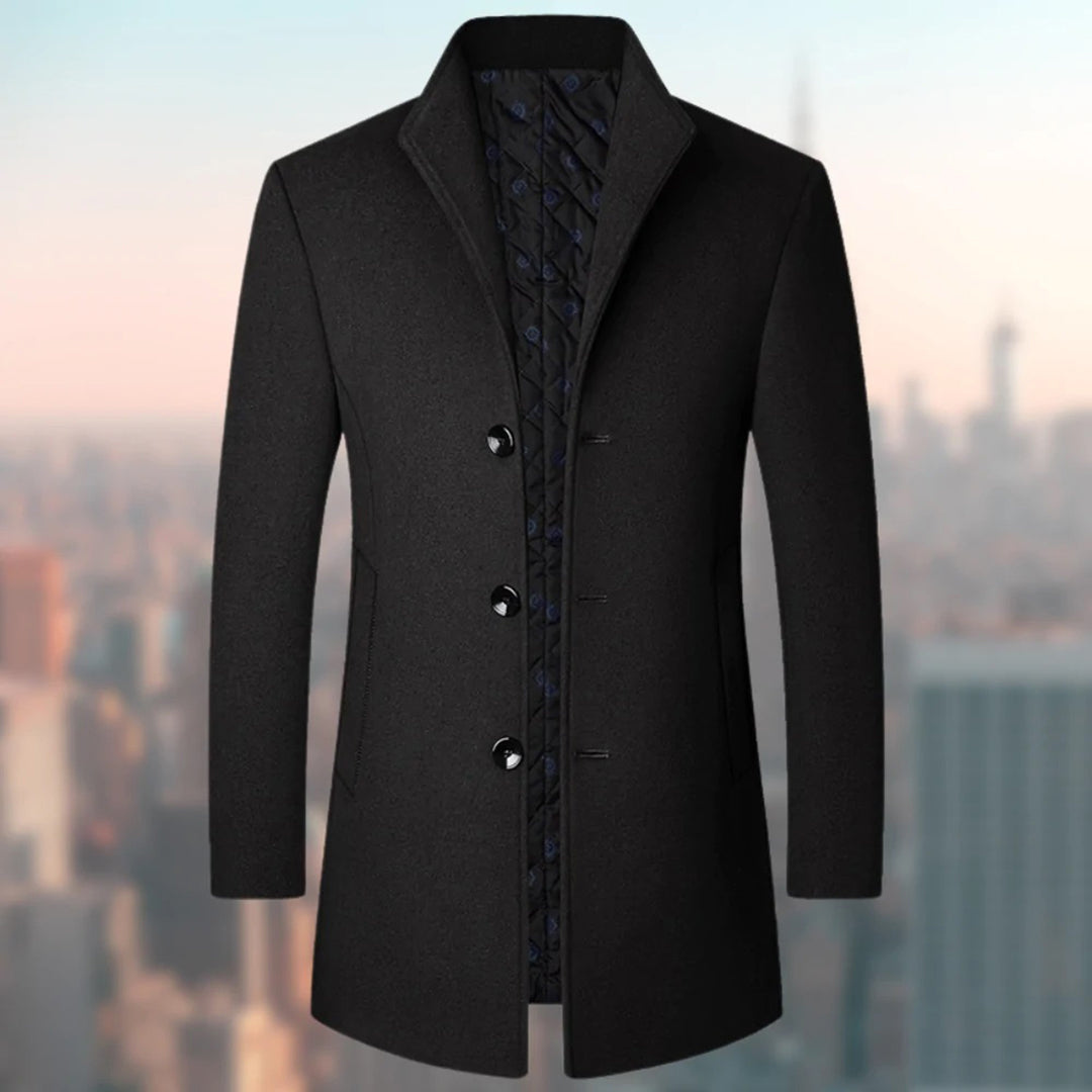 Men's single-breasted long trench coat with notched collar and concealed placket, classic winter style