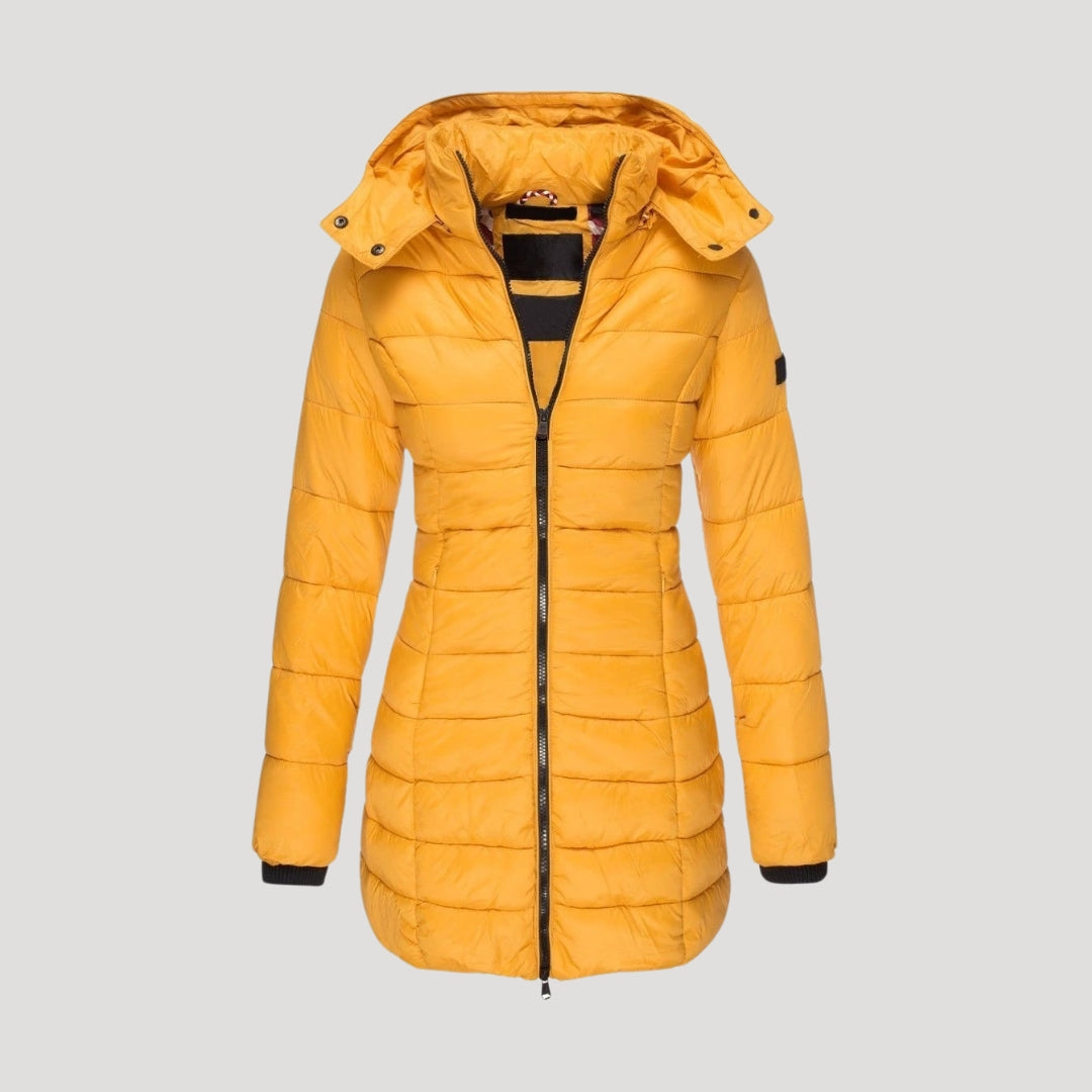 Women's long hooded puffer coat in neutral tone, insulated slim silhouette with full-length coverage