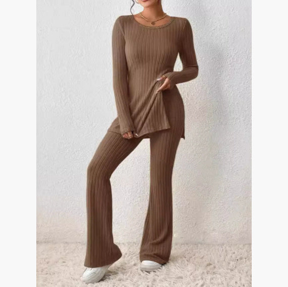 Women's two-piece knit set long-sleeve top and wide-leg pants soft stretchy elegant comfort wear