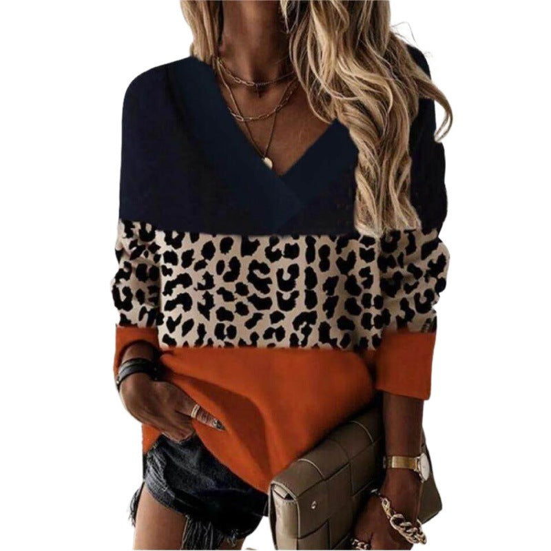 Women's slim fit leopard print V-neck sweatshirt, long sleeve polyester blend everyday top