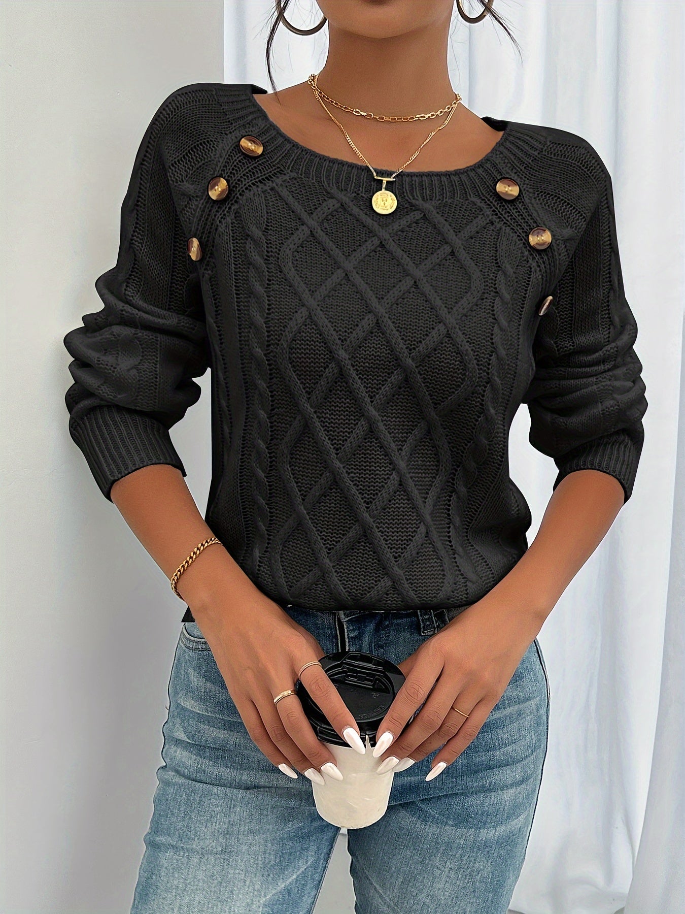 Olive green women's cable knit crew neck sweater long sleeve cozy everyday pullover top