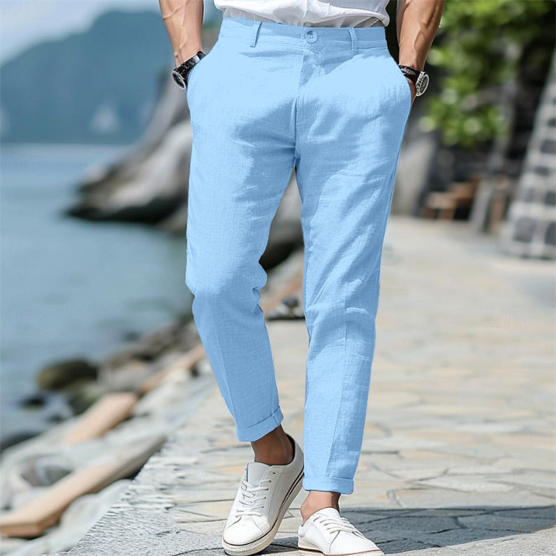 Men's beige linen straight-leg pants with breathable fabric for warm-weather smart-casual style