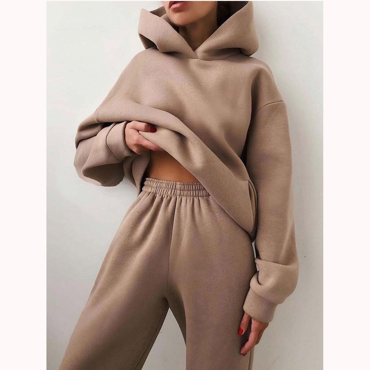 Women's solid color hooded tracksuit two-piece set casual polyester fall winter coordinated fit