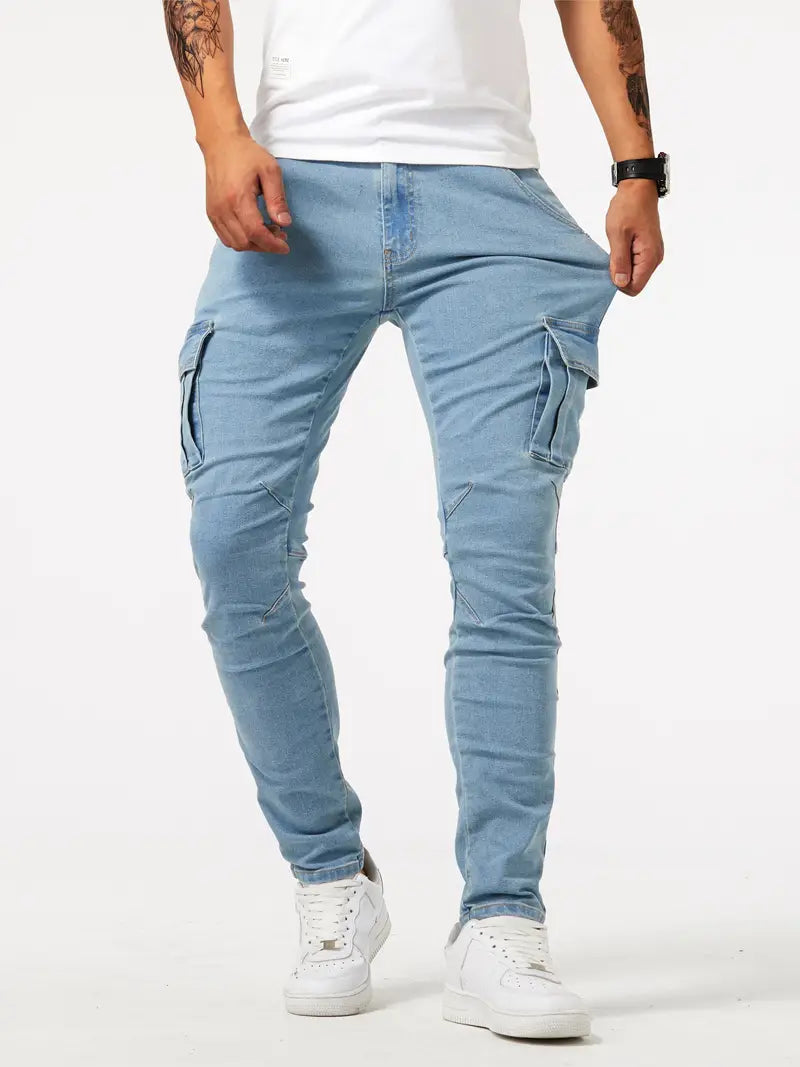 Men's slim fit stretch denim cargo jeans with multi-pocket design for casual streetwear