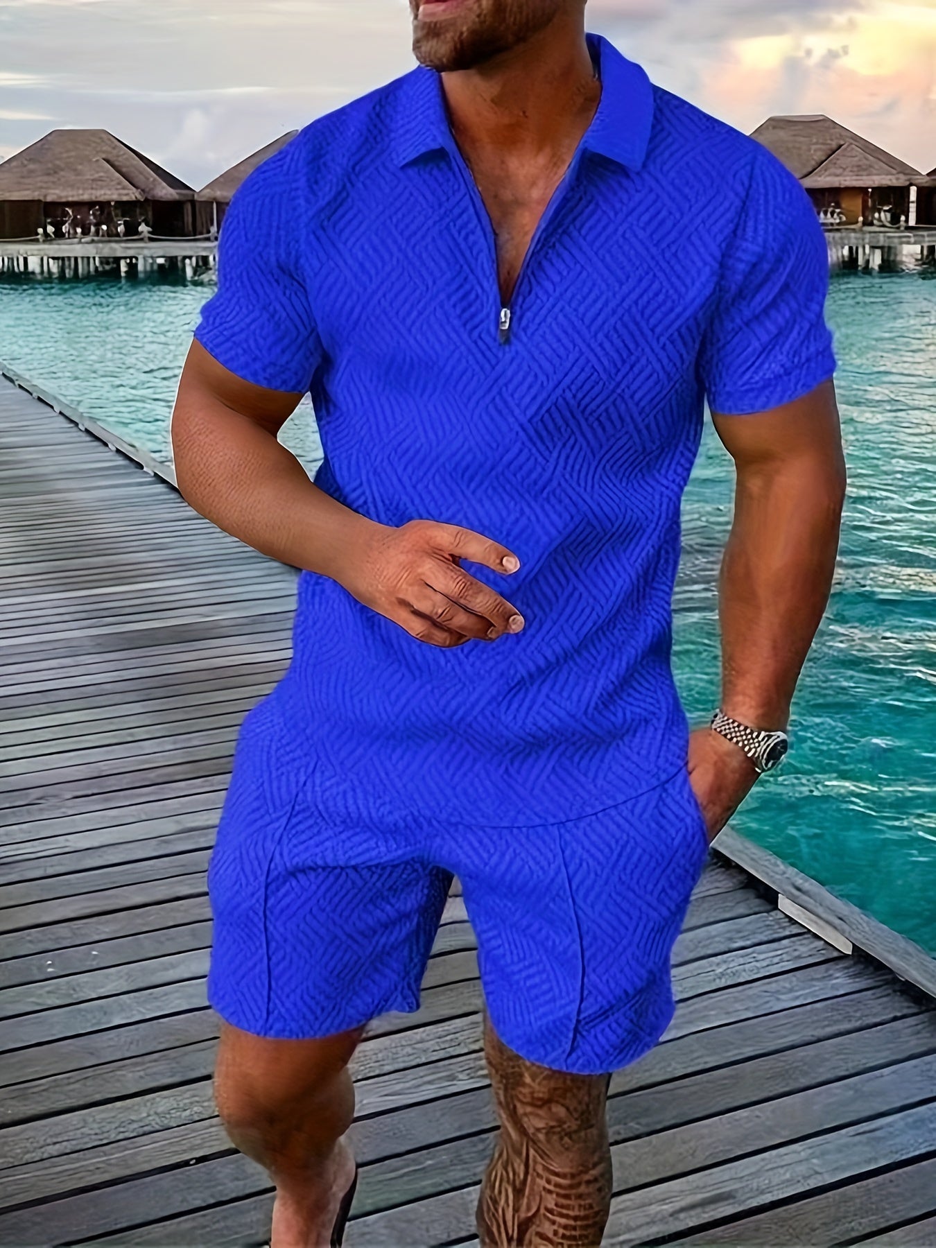 Men's geometric print cotton blend romper short sleeve one-piece with front zipper closure