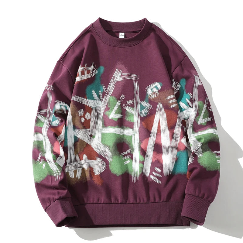 Men's oversized black crewneck sweatshirt bold graffiti print streetwear casual relaxed fit