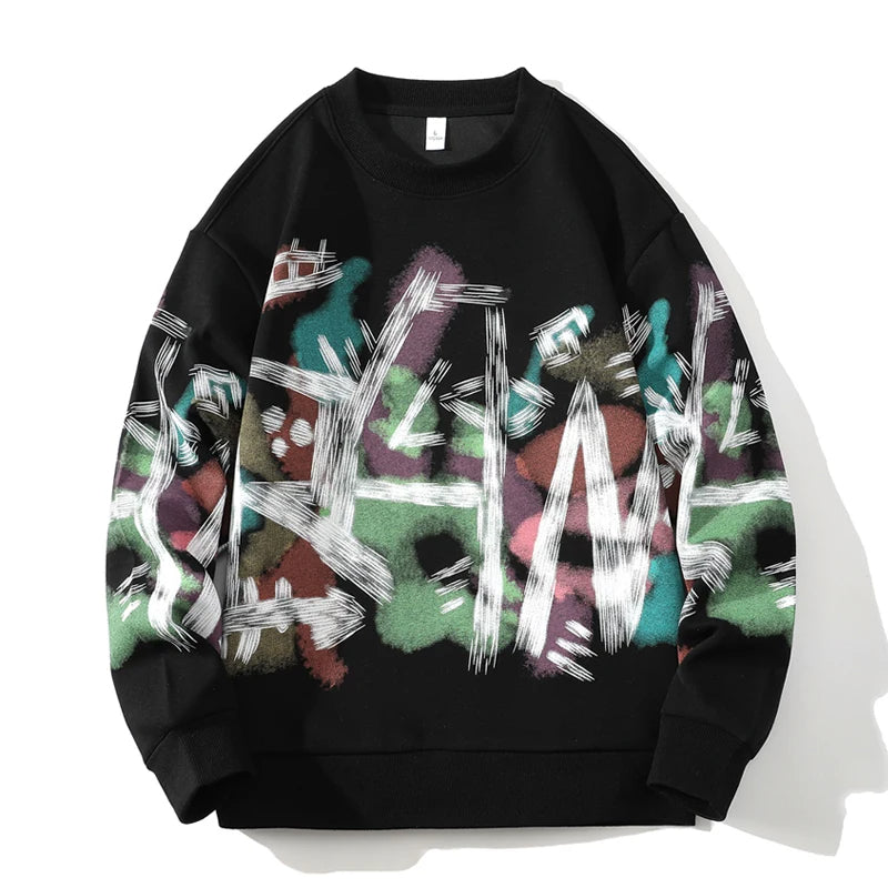 Men's oversized black crewneck sweatshirt bold graffiti print streetwear relaxed fit casual style